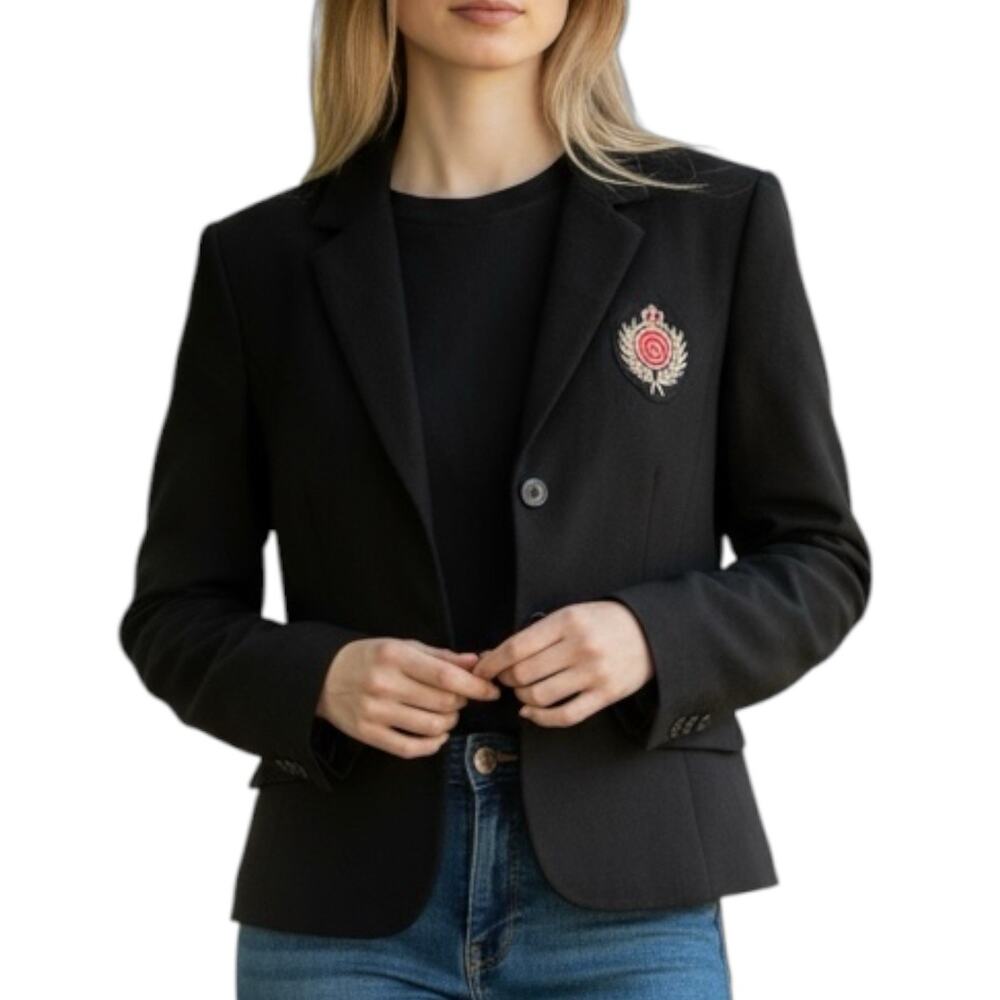 Vtg Liz Claiborne Wool Blazer‎ Womens M Black Gold Buttons Crest Preppy Academia